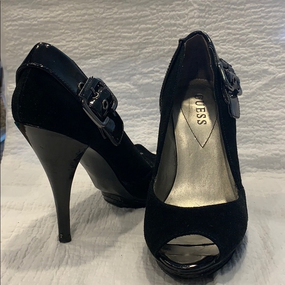 Black suede buckled 4 inch Heels with peekaboo toe - Picture 3 of 3